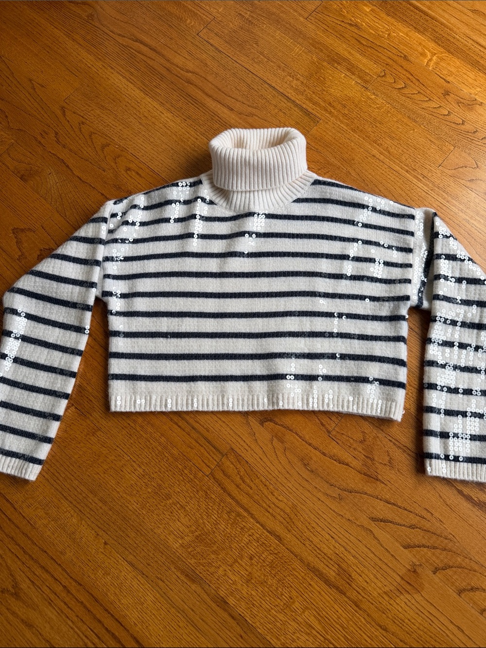 Striped White & Navy Turtleneck Sweater with Sequin Detail